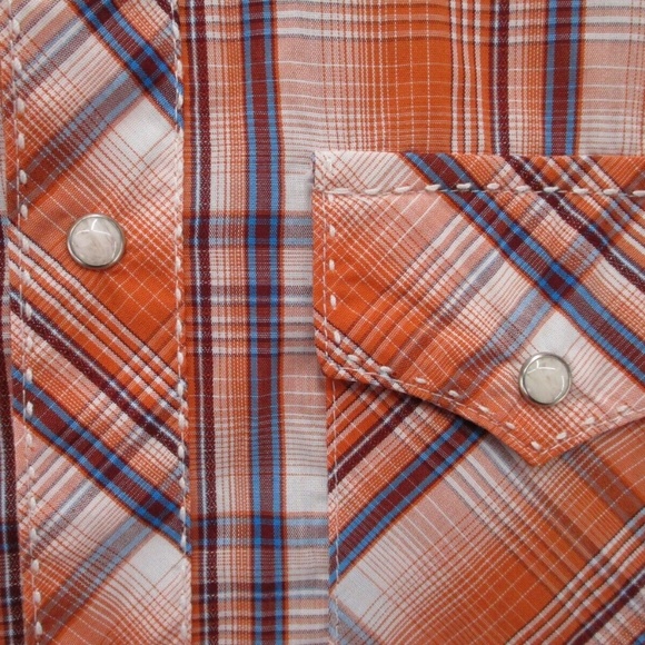 Wrangler Shirt Adult 2XL XXL Pearl Snap Orange Blue Tartan Plaid Men Button Down - Picture 3 of 15